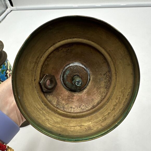 Set 2 Antique French Brass & Bronze Candlestick w/Longwy Pottery Column. 9” Tall - Picture 9 of 10